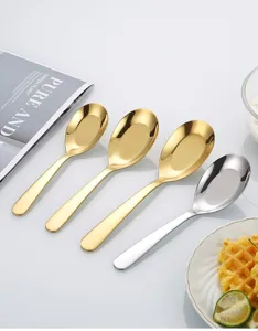 Ensemble de cuillères en acier inoxydable à fond plat, or et argent pour cuisine.