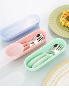 Stainless steel kids cutlery set with portable box, cute round handle spoon and fork for toddler.