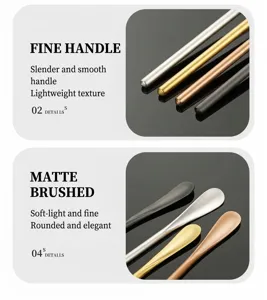 Stainless steel stirring spoon detail shot, slim smooth handle and matte brushed finish.