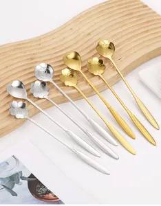 Set de cucharas de café de acero inoxidable de mango largo, lindas cucharas mezcladoras de flores.