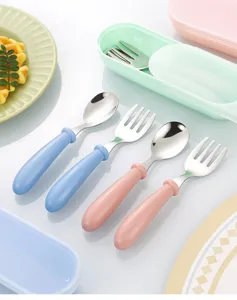 Cute kids stainless steel spoon fork set with portable storage box, pink and blue toddler tableware.