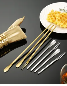 Stainless steel long handle stirring spoon and fork set, Japanese style coffee bar tool.