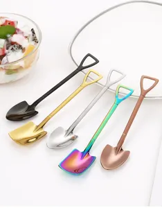 Stainless steel creative shovel spoon detail, multi-color dessert ice cream spoons.