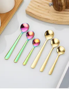 Stainless steel spoons set, cute gold and rainbow small spoons for coffee and dessert use.