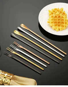 Stainless steel long handle mixing spoons and fruit forks detail view, durable cutlery set.