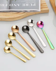 Detailed view of colorful stainless steel spoons, ideal for coffee, dessert, and daily use.