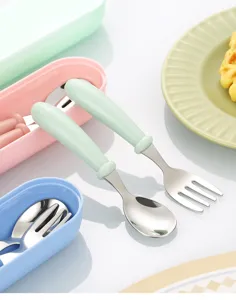 Portable 304 stainless steel kids spoon fork set with cute round handles and storage box.