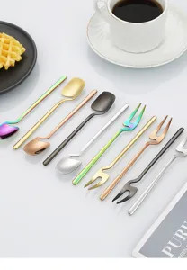 Stainless steel hanging coffee spoons and fruit forks set, creative colorful tableware.
