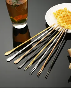 Stainless steel stirring spoons and forks set long handle coffee cocktail mixing rods.