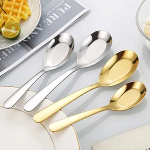 Cuillère à Fond Plat en Acier Inoxydable 304 Cuillère à Soupe Épaissie Polie Miroir pour Maison Restaurant Hôtel Or Argent