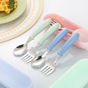 Cute stainless steel kids spoon and fork set with portable storage case for toddlers meal