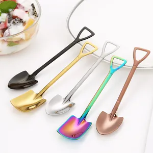 Creative Stainless Steel Shovel Spoon Mirror Polished Ice Cream Dessert Watermelon Spoon Coffee Cake Spoon Novelty Cute Flat Pointy Tableware Spoon For Home Restaurant Shop