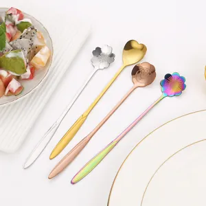 Cuchara de café larga de acero inoxidable diseño flor rosa cosmos para postre