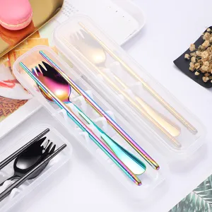 Portable 304 stainless steel tableware set with chopsticks and fork spoon in rainbow colors.