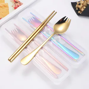 Portable 304 stainless steel cutlery set featuring chopsticks and spork in clear box.