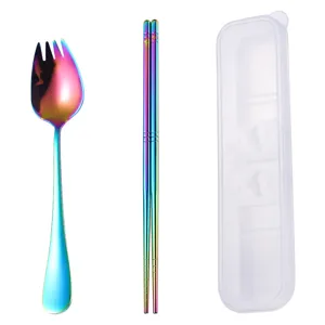 Rainbow 304 stainless steel portable spork and chopsticks flatware set with plastic case
