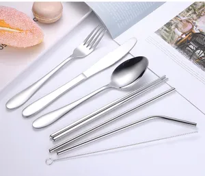 Stainless steel flatware set with knife fork spoon chopsticks and straw for outdoor dining.