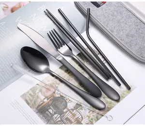 Portable stainless steel cutlery set detail featuring knife fork spoon straw in sleek black design.