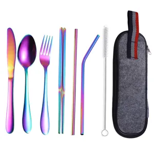 Portable Stainless Steel Flatware Set With Travel Pouch Reusable Drinking Straws Dinner Knife Fork Spoon Chopsticks Cleaning Brush Outdoor Camping Cutlery Dinnerware Set
