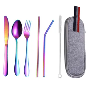 Rainbow stainless steel portable cutlery set with knife, fork, spoon, straws and felt pouch.