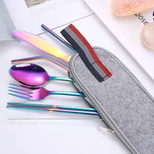Portable stainless steel cutlery set with rainbow knife fork spoon chopsticks in felt bag.