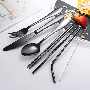 Tragbares Besteckset aus Edelstahl mit Messer, Gabel, Löffel, Stäbchen und Trinkhalm.