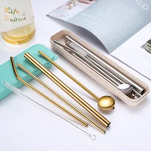 Pajitas de Acero Inoxidable 304 Con Estuche Portátil de Paja de Trigo Pajitas Reutilizables Chapadas en Titanio Para Viajes