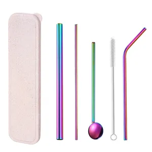Set de pajitas de acero inoxidable portatil con caja de trigo, pajitas metalicas de colores.