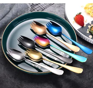 Stainless steel spork colorful spoon fork set for dessert salad fruit noodle dining tableware.