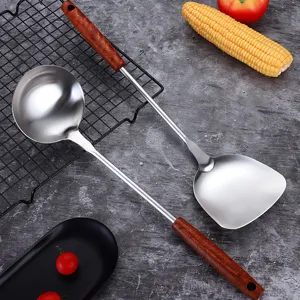 Stainless Steel Cooking Spatula And Soup Spoon With Rosewood Handle Heat Resistant Long Handle Brushed Solid Turner Ladle Kitchen Tools