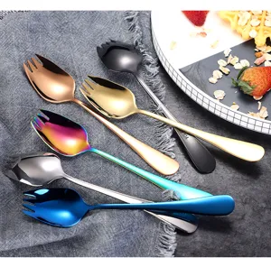 Detail view of colorful 304 stainless steel sporks, combination spoon and fork tableware.