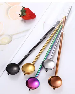 Set van roestvrijstalen rietje lepels, kleurrijke herbruikbare metalen rietjes met lepeltje.