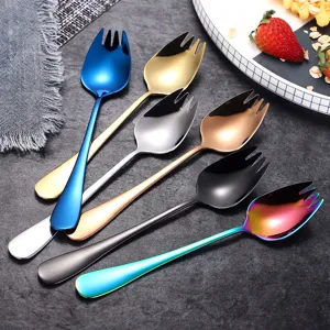 304 Stainless Steel Salad Spork Rainbow Mirror Polished Dessert Spoon Fruit Fork Multi-color Kitchen Tableware Instant Noodle Spork
