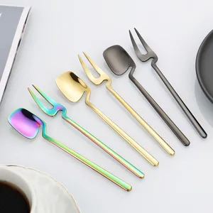 Stainless steel creative coffee spoon and fruit fork set, multi-color dessert tableware.