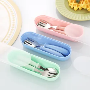 Portable stainless steel children spoon and fork set with cute storage box for kids daily use.