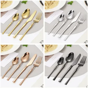 Stainless steel flatware set, 4-piece cutlery set including knife fork spoon for dining table.