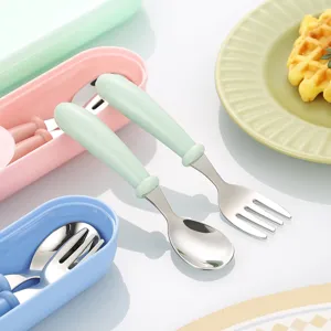 Children stainless steel spoon fork set portable tableware box cute green handle flatware.