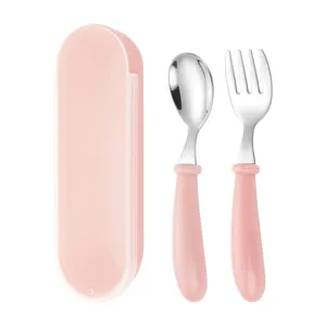 Portable stainless steel kids spoon and fork set with pink storage case for toddler daily use.