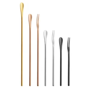 Long handle stainless steel stirring spoon and fruit fork set, minimalist Japanese bar spoon.