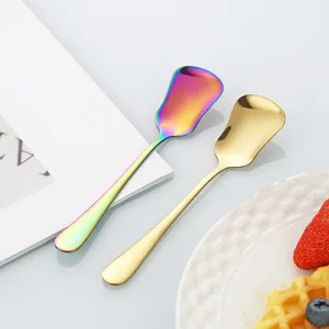 Cuillère à dessert en acier inoxydable créative dorée arc-en-ciel cuillère plate pour café yaourt.
