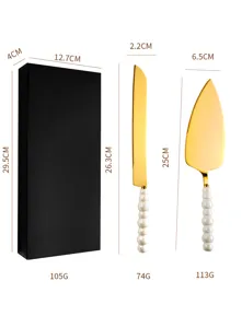 Stainless steel cake knife and server set with pearl ceramic handles and gift box for baking.