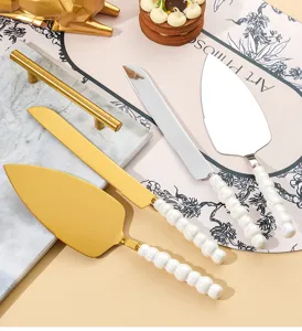Pearl ceramic handle stainless steel cake knife and spatula set for baking dessert tableware.