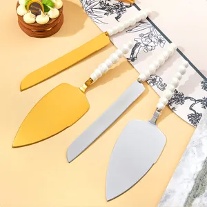 Stainless steel cake knife spatula set with pearl ceramic handles for baking dessert pizza.