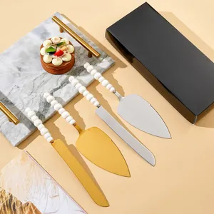 Pearl ceramic handle stainless steel cake knife and server set, elegant dessert tableware.
