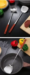 Stainless steel cooking spatula and soup ladle set with wooden handle for home kitchen use.