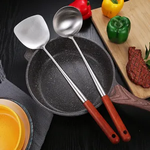 Long Wooden Handle Stainless Steel Cooking Spatula Soup Spoon Utensils Heat Resistant Anti Scalding Chinese Traditional Kitchenware Home Chef Tool