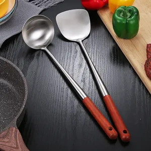 Stainless steel kitchen utensils set with wooden handle soup ladle and spatula for cooking
