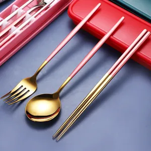 Edelstahl Besteckset Gabel Löffel Stäbchen tragbar rosa gold Küchengeschirr Set