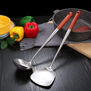 Stainless steel spatula and soup spoon set with long wooden handle kitchen tools
