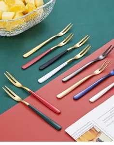 Stainless steel fruit forks with colorful handles, perfect for desserts, cakes, and salads.